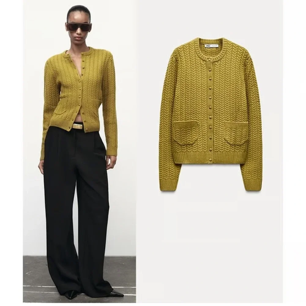 Zara Olive Cable Knit Cardigan - Picture 1 of 5